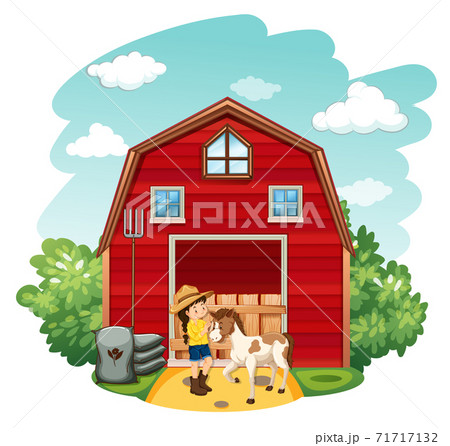 Farm scene with farmer and horse on the farm Farm scene with farmer and horse on the farm 71717132