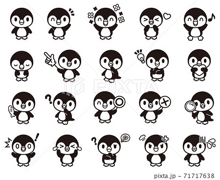 ペンギンのかわいいキャラクターセット 白黒 のイラスト素材