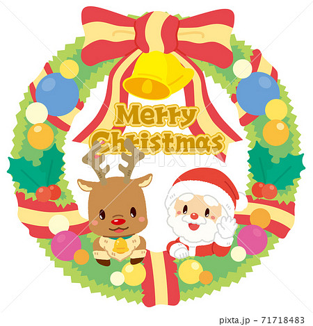 サンタクロースとトナカイのクリスマスリースのイラスト素材 [71718483 ...