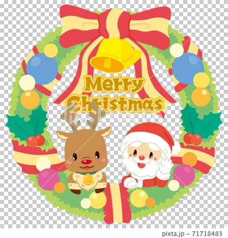 サンタクロースとトナカイのクリスマスリースのイラスト素材 [71718483