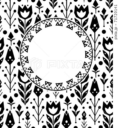 Vertical floral card with round frame and place for text. Tribal black pattern on a white background. Tulips and branches with leaves. Vector native template 71720141