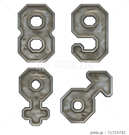 Set of numbers 8, 9 and symbols female, male made of industrial metal on white background 3d rendering 71724782