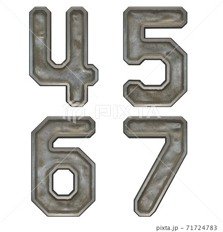 Set of numbers 4, 5, 6, 7 made of industrial metal on white background 3d 71724783