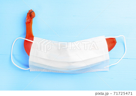 Red banana covered with medical protective mask on a wooden light blue background. The concept of sexual problems and sexually transmitted infections 71725471