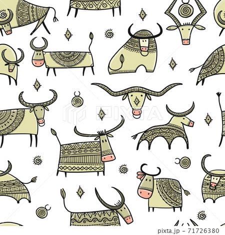 Funny bulls collection. Lunar horoscope sign. Happy new year 2021. Bull, ox, cow. Seamless pattern for your design Funny bulls collection. Lunar horoscope sign. Happy new year 2021. Bull, ox, cow. Seamless pattern for your design 71726380