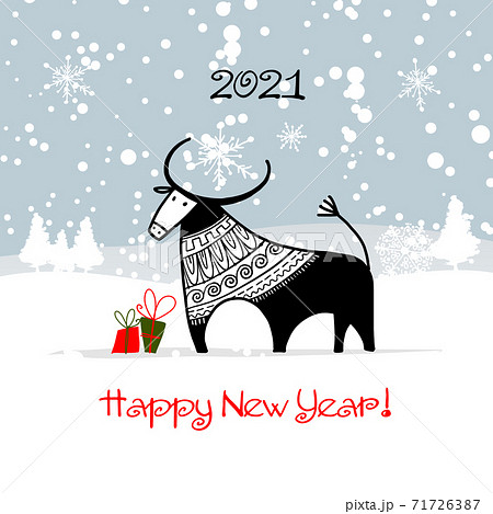 Happy new year 2021. Bull, ox, cow. Winter forest Background. Template for your design - poster, card, invitation Happy new year 2021. Bull, ox, cow. Winter forest Background. Template for your design - poster, card, invitation 71726387