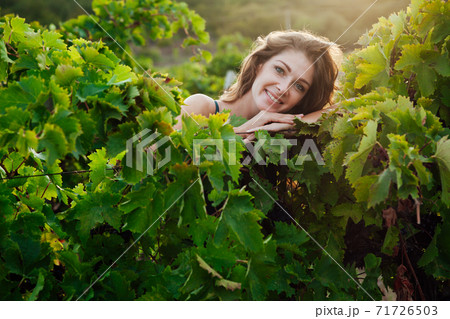 woman in green dress in the garden of grapes harvest 71726503