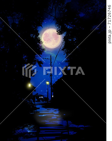 森と電柱のモノクロシルエットの隙間から見える満月と夜空の風景画のイラスト素材