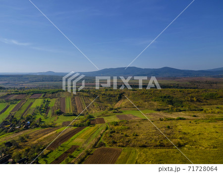 Aerial view of green farmland of the countryside cultivated field from above 71728064