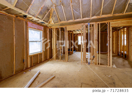 Wooden house in American beams the view of interior frame structure on a new development 71728635