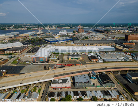 Panorama of downtown suburban area and aerial view with of roads in a leaving port on a river the Delaware with Philadelphia, Pennsylvania, US Panorama of downtown suburban area and aerial view with of roads in a leaving port on a river the Delaware with Philadelphia, Pennsylvania, US 71728638