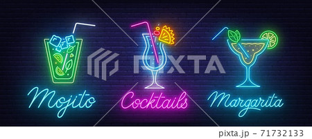 Cocktail Margarita, Blue Hawaiian and Mojito neon sign on brick wall background. 71732133