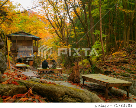 紅葉の渓流沿いの茶屋 (小太郎茶屋、小太郎ヶ淵、那須塩原、栃木県) 71733508