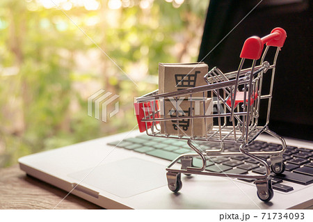 Shopping online concept - Parcel or Paper cartons with a shopping cart logo in a trolley on a laptop keyboard. Shopping service on The online web. offers home delivery.. 71734093