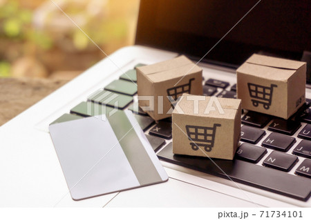 Online shopping - Paper cartons or parcel with a shopping cart logo and credit card on a laptop keyboard. Shopping service on The online web and offers home delivery.. 71734101