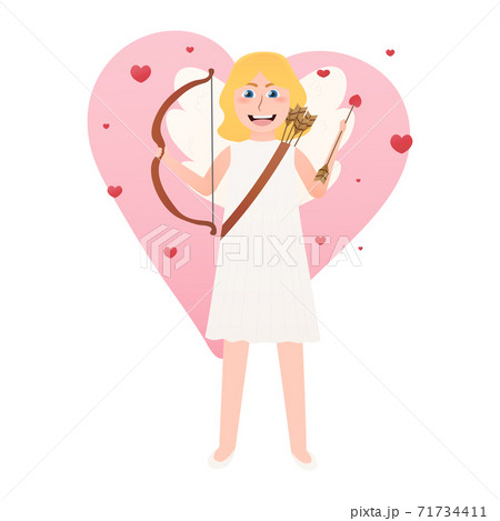 Cute angel of love with bow and arrow, valentine day mascot - cupid with wings, girl with blonde hair Cute angel of love with bow and arrow, valentine day mascot - cupid with wings, girl with blonde hair 71734411