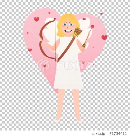 Cute angel of love with bow and arrow, valentine day mascot - cupid with wings, girl with blonde hair Cute angel of love with bow and arrow, valentine day mascot - cupid with wings, girl with blonde hair 71734411