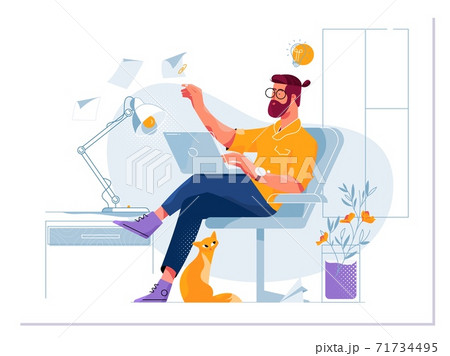 Vector concept illustration. A freelancer working at home with cat.Creative landing web page design template banner. Vector concept illustration. A freelancer working at home with cat.Creative landing web page design template banner. 71734495