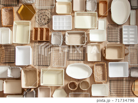 Top view of closet organization boxes and steel wire baskets in