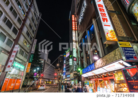 日本の東京都市景観　池袋駅西口のカラオケ店などが並ぶ繁華街などを望む 71734908