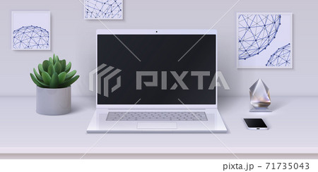 Workspace. Realistic desktop with modern devices and office stationery. Home workplace. Phone and laptop on table decorated with room flower, statuette and pictures, vector interior Workspace. Realistic desktop with modern devices and office stationery. Home workplace. Phone and laptop on table decorated with room flower, statuette and pictures, vector interior 71735043