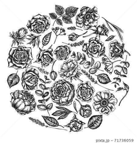 Round floral design with black and white roses, anemone, eucalyptus, lavender, peony, viburnum 71736059