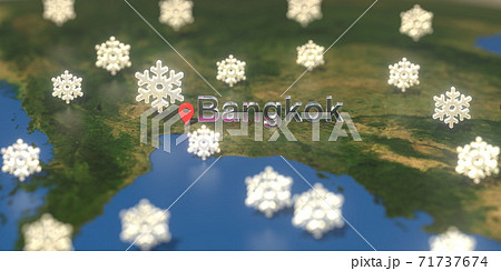 Snowy weather icons near Bangkok city on the map, weather forecast related 3D rendering Snowy weather icons near Bangkok city on the map, weather forecast related 3D rendering 71737674