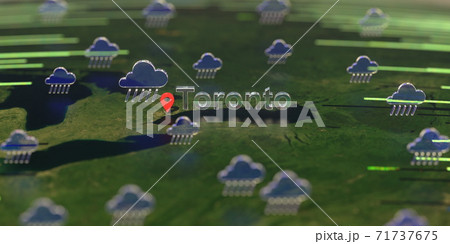 Rainy weather icons near Toronto city on the map, weather forecast related 3D rendering 71737675