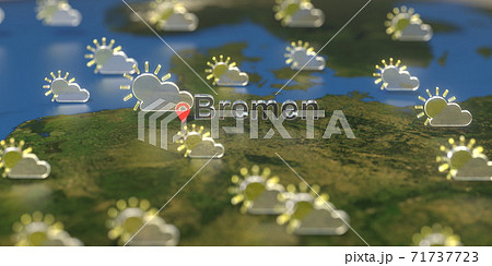 Bremen city and partly cloudy weather icon on the map, weather forecast related 3D rendering 71737723