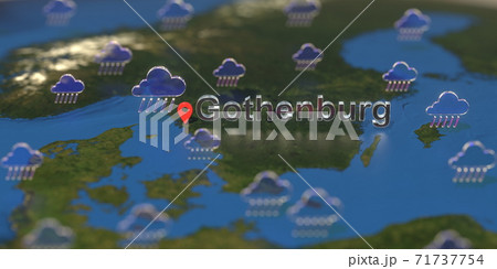 Rainy weather icons near Gothenburg city on the map, weather forecast related 3D rendering Rainy weather icons near Gothenburg city on the map, weather forecast related 3D rendering 71737754