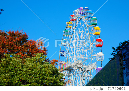 あらかわ遊園の新観覧車と青空　紅葉　クローズアップ 71740601