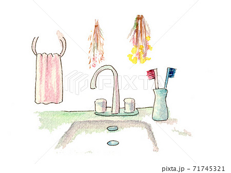 手描き水彩画 洗面台 タオル 歯ブラシ のイラスト素材