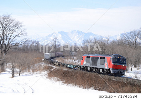 冠雪の日高山脈をバックに帯広へ向かう貨物列車 71745534