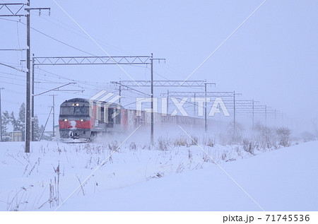 雪煙を上げて石狩平野を札幌に向けてばく進する貨物列車 71745536