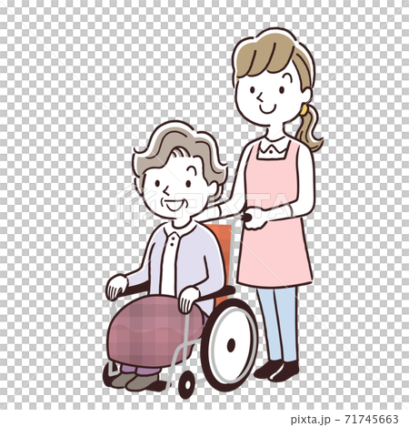 ベクターイラスト素材：車椅子に乗るシニア女性と介護スタッフ 71745663