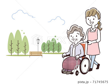 ベクターイラスト素材 車椅子に乗るシニア女性を押して散歩する介護スタッフの女性のイラスト素材