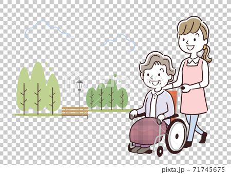 ベクターイラスト素材：車椅子に乗るシニア女性を押して散歩する介護スタッフの女性 71745675