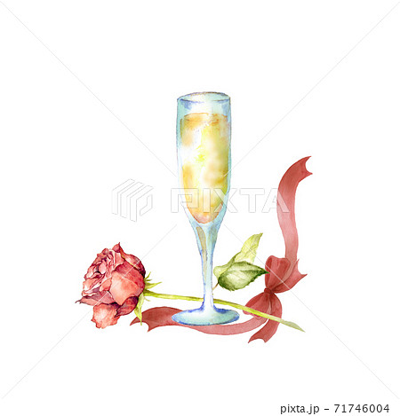 薔薇とグラスとリボン 水彩イラストのイラスト素材