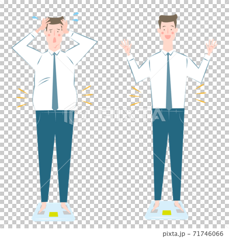体重計と太り気味と普通体型の男性のイラスト素材