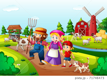 Farm with red barn and windmill scene 71746473