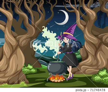 Wizard or witch with magic pot on dark forest background Wizard or witch with magic pot on dark forest background 71746478