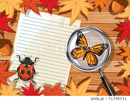 Top view of wooden table with blank paper and insects and autumn leaves element Top view of wooden table with blank paper and insects and autumn leaves element 71746531
