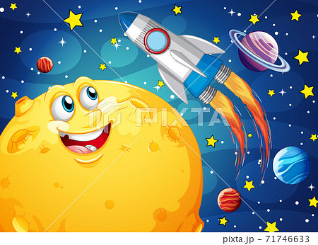 Moon With Happy Face On Space Galaxy Theme のイラスト素材