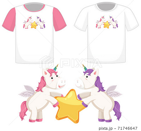 Cute unicorn logo on different white shirts isolated on white background Cute unicorn logo on different white shirts isolated on white background 71746647