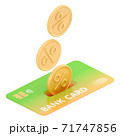 3D isometric illustration of cash back coins droping into credit card. 71747856
