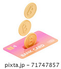 3D isometric illustration of bitcoins droping into credit card. 71747857