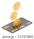 3D isometric illustration of euro coins droping into credit card. 71747860