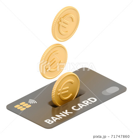 3D isometric illustration of euro coins droping into credit card. 3D isometric illustration of euro coins droping into credit card. 71747860