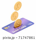 3D isometric illustration of coins droping into credit card. 71747861