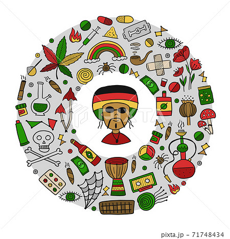 Drugs addiction. Say no to drugs. Rasta collection with skull, marijuana, drum, pills, music symbols Drugs addiction. Say no to drugs. Rasta collection with skull, marijuana, drum, pills, music symbols 71748434